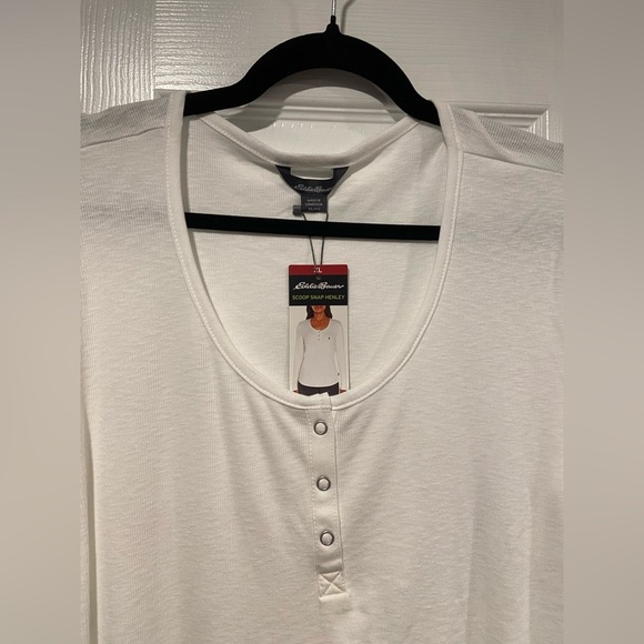 NWT Eddie Bauer Size XL White Cotton Scoop Neck Snap Long Sleeve Henley Top - Picture 4 of 14